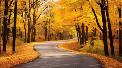 Naklejka na ściany i meble Curved road through the autumn forest. Winding roads in autumn. Generative AI
