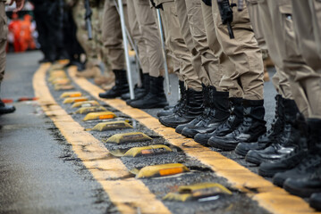 Low view of Bahia Military Police soldiers celebrating Brazilian independence in the city of...