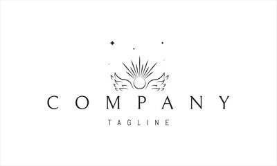 A vector logo with an abstract image of angel wings with a sun in the middle.