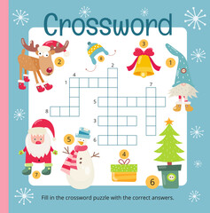 Christmas crossword page printable for children. Preschool games. Christmas Characters and objects – gnome, reindeer, bell, gift box, snowman, christmas tree, Santa. Vector illustration. 
