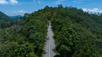 Aerial top view of road in forest.Winding road through the forest.Ecosystem ecology healthy environment road trip. Forest ecosystem and health concept and background, texture of green forest.