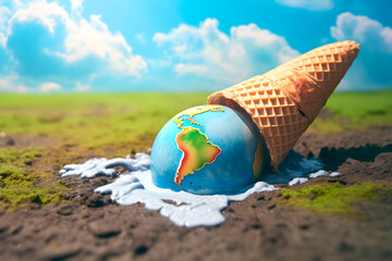 Ice cream cone lying on the ground with the planet earth as a melting ice cream scoop on top of it , global warming, sustainability, reduction of pollution, planet care, copy space, horizontal - obrazy, fototapety, plakaty