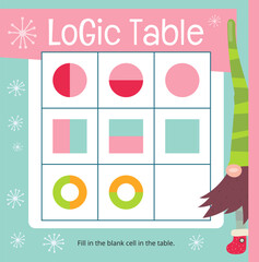Christmas Puzzle game for children. Complete Christmas Logic Table. Vector illustration. Fill in the blank cell in the table for kids activity book.