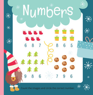 Christmas Gnomes math activities for kids. How many. Help Gnome Count Christmas elements and circle correct number. Vector illustration.