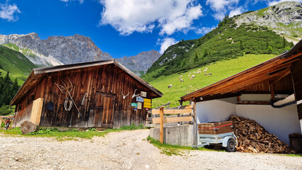 Old house in the mountains. Landscape from the Alps mountains, Tyrol, Austria. Landscape with stone...