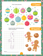 Christmas Activity Pages for Kids. Printable Activity Sheet with Christmas Symbols Mini Games – Find 2 same pictures, Draw the over half Gingerbread Man. Vector illustration.