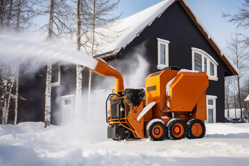 A snowplow in the private sector removes snow. Snow removal assistance. - obrazy, fototapety, plakaty