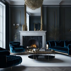 black luxury living room with fireplace