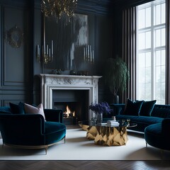 A modern living room with a classic feel, featuring a grand fireplace and a luxurious velvet sofa.
