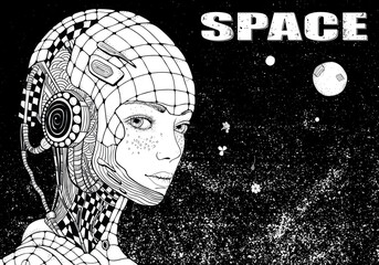 Cute Robot Space Girl. Zentangle background. Black and white doodle coloring book page for adult and children.
