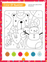 Christmas Activity Pages for Kids. Printable Activity Sheet with Bear and Snowman Mini Games – Color by number. Page for Xmas Activity Book. Vector illustration.