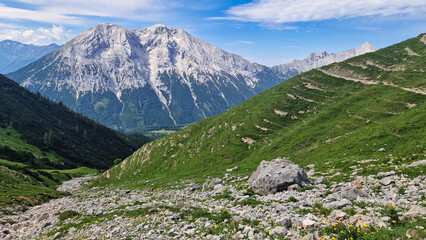 Alpine meadow in the mountains. Landscape from the Alps mountains, Tyrol, Austria. Landscape with stone mountains.: Landscape in the mountains