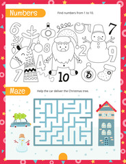Christmas Activity Pages for Kids. Printable Activity Sheet with Cute Christmas Characters Mini Games – Maze, Find numbers from 1 to 10. Vector illustration.