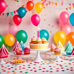 Birthday balloons and happy birthday cake with colorful candles