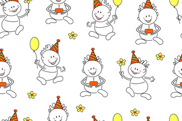 Birthday. Children. Seamless pattern with drawing comic characters. Happy birthday background. Funny child with balloons, flowers, cake. Congratulation sticker cartoon.
