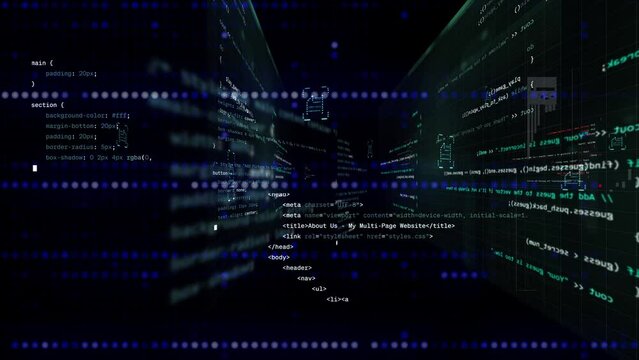 modern digital programming overlays on black background. Many small dots pattern with coding source code