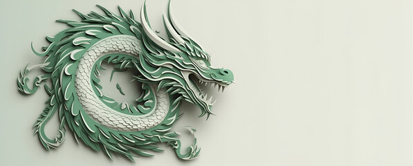 White and green origami dragon on light background. Banner with copy space