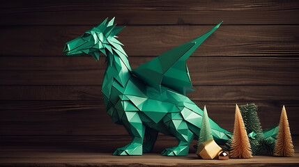 Green paper figure in dragon shape on the wooden background with small xmas trees