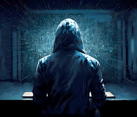 Cyber criminal hacker with hoodie on a laptop