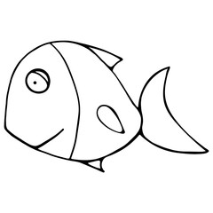 Black and White Fish Coloring Page, Hand drawn black and white sea doodle sketch illustration. Fish Coloring Book for Kids.