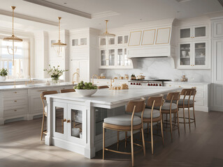 white kitchen with marble countertops in the style of classic luxury
