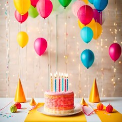 Birthday balloons and happy birthday cake with colorful candles