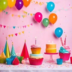 Birthday balloons and happy birthday cake with colorful candles