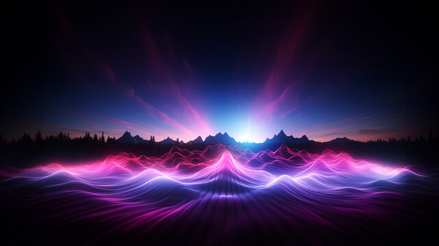 Abstrakter futuristischer Hintergrund in Akustik wellen leuchtenden Neon Farben f&uuml;r Webdesign und Drucksachen als Vorlage Querformat, ai generativ