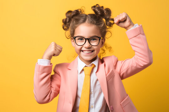happy winner school girl isolated on yellow background celebrates new success, power, energy. Yes !
