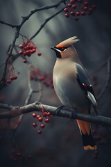 Waxwing Bird on Berry Tree Branch
