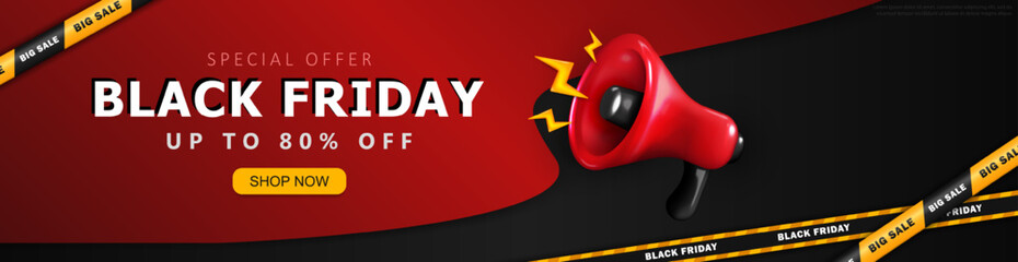 Template of Black Friday advertising panoramic banner with super sale information, red shouting megaphone and striped barrier tapes. Layout of promo discount header for social media post or web page