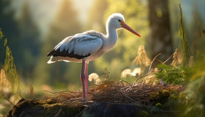 Photo of a majestic white stork bird perched on a lush green field - obrazy, fototapety, plakaty