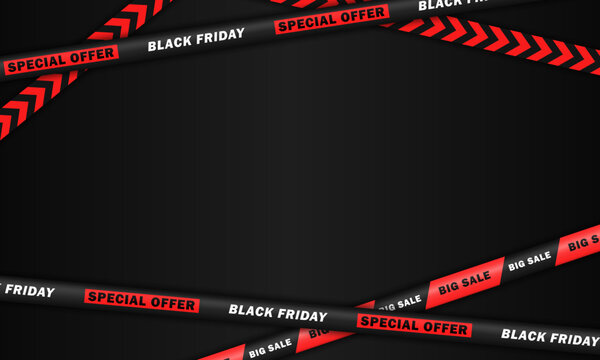 Blank wallpaper with crossed sale ribbons for Black Friday. Black banner with discount stripes and empty space for text. Marketing, online shopping card