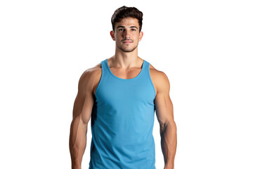 Fototapeta premium athletic young man in blue sports tank top with muscular strong body, png isolated on white transparent background