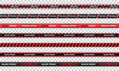 Big collection of seamless bright red realistic ribbons with text - big sale, Black Friday. Endless barricade tapes, discount stripes for online shopping isolated on transparent background