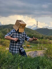 man with a box on his head
