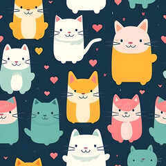 Cartoon cat pattern, cute, bright colors, looks fun, fabric pattern, gift wrapping paper. Generative AI