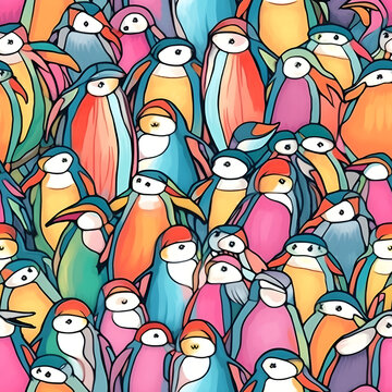 Artistic images of cute and colorful penguins. Generative AI