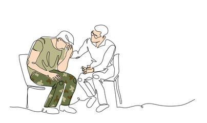 ptsd therapy, post-traumatic stress disorder treatment vector illustration. Veteran, soldier and psychotherapist. One continuous line art drawing of ptsd therapy