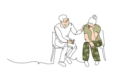ptsd therapy, post-traumatic stress disorder treatment vector illustration. Female veteran, soldier and psychotherapist. One continuous line art drawing of ptsd therapy