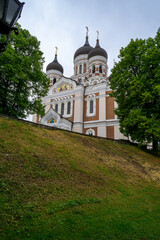 Fototapeta na wymiar Alexander Nevsky Cathedral in the city of Tallinn. Rainy day with gray sky.