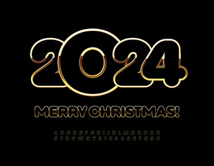 Vector premium Greeting Card Merry Christmas 2024! Black and Gold Elite Font. Alphabet Letters and Numbers set.
