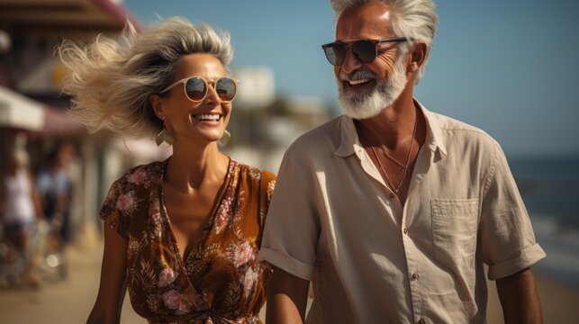 a fine-looking elderly couple walking along the coast