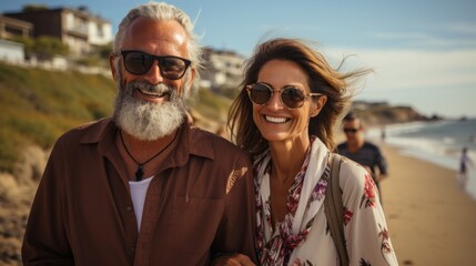 a stylish elderly couple walking along the coastline