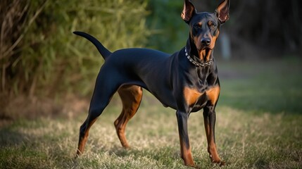 playful dobberman dog in the park, in the yard