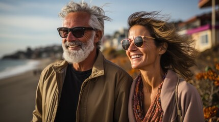 happy elderly couple enjoying a trip to the sea