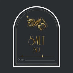 Fototapeta na wymiar Sea Salt Spice Sticker. Arch shaped salt sticker in gold color on dark background. Sorting out spices at home. Line illustration of salt granules. Grocery.