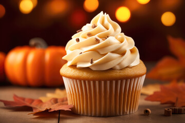 Delicious pumpkin cupcake with buttercream on autumnal background. - obrazy, fototapety, plakaty