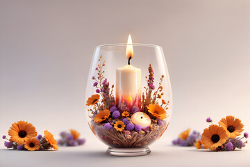 Melting candle and flowers in a glass