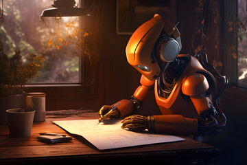 a robot is writing on a piece of paper, in the style of photorealistic pastiche, dark orange, studyplace